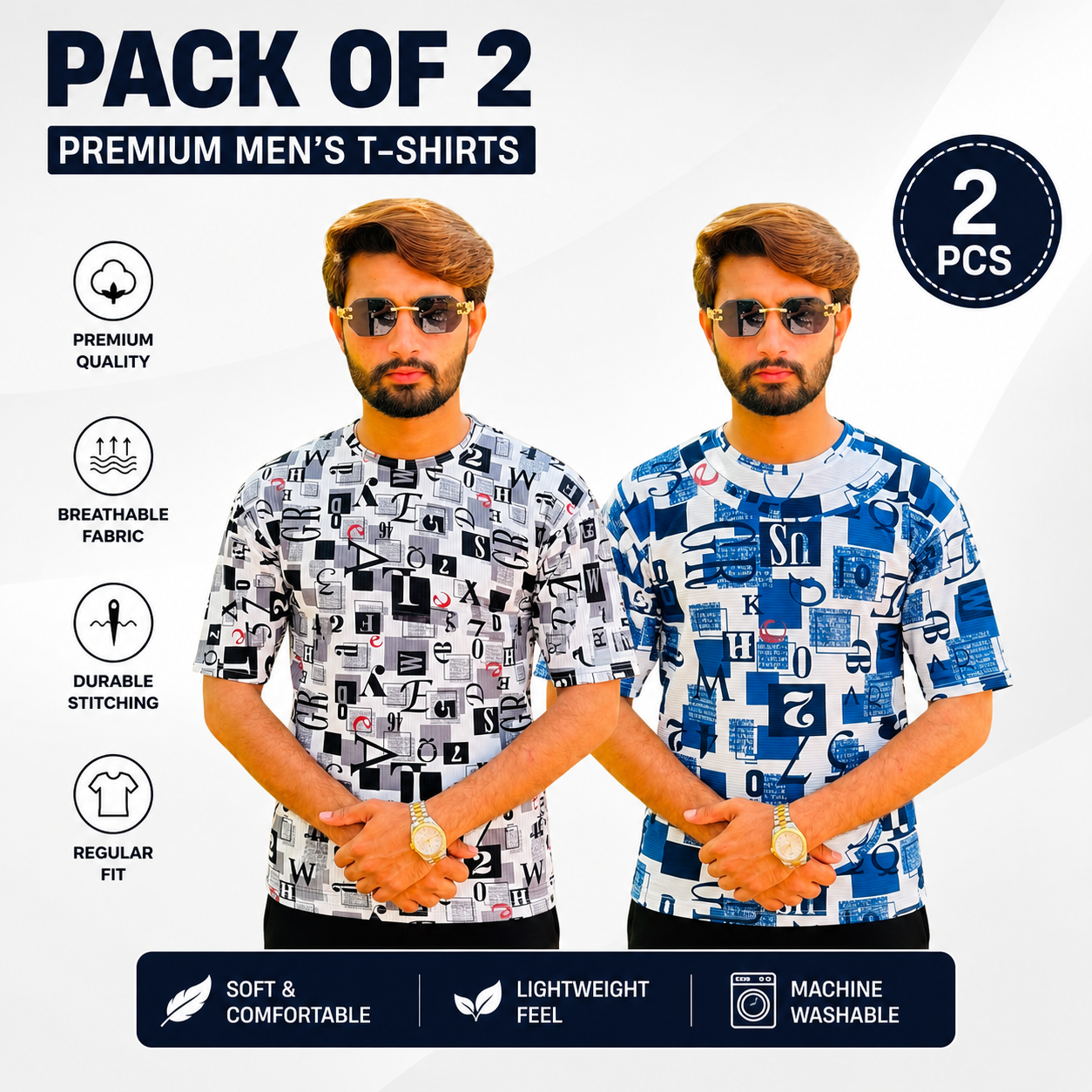 T-Shirt Combo Pack (2 PCS) – Casual Summer Round Neck Tees